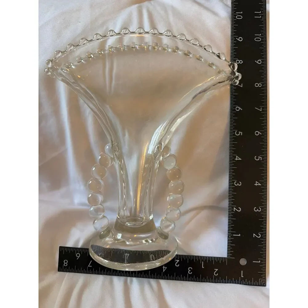 Vintage Imperial Glass Candlewick Fan Vase Beaded Rim Loop Handles Clear Glass